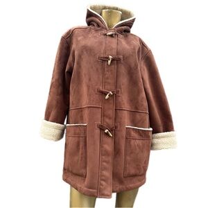 Lauren Ralph Lauren Micro Suede Sherpa Lined Toggle Duffle Coat XL Brown Hooded